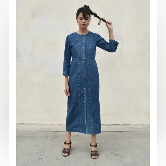Ilana Kohn denim maxi dress 3/4 sleeves button down size 4 - Picture 1 of 11